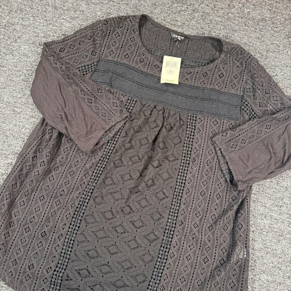 Lucky Brand Crochet Knit Top Women 2X Black 3/4 Sleeve Boho Blouse 7Q61675